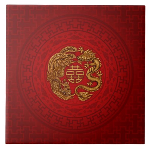 Double Happiness Symbol with Phoenix and Dragon Ceramic Tile