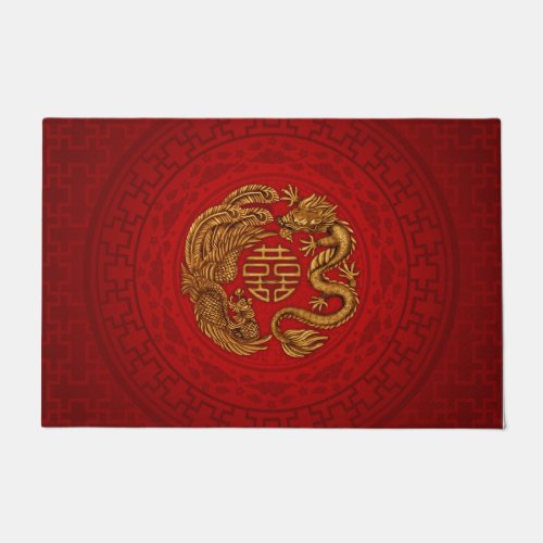 Double Happiness Symbol with Phoenix and Dragon Doormat