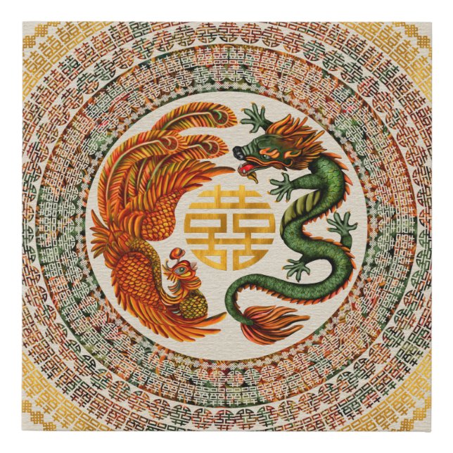 Double Happiness Symbol with Phoenix and Dragon Faux Canvas Print (Front)
