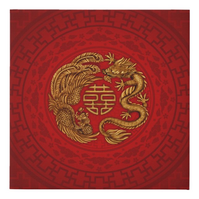 Double Happiness Symbol with Phoenix and Dragon Faux Canvas Print (Front)