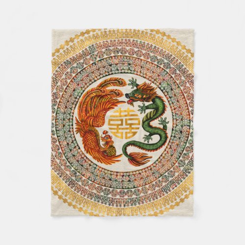 Double Happiness Symbol with Phoenix and Dragon Fleece Blanket