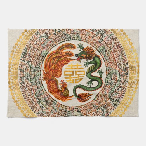 Double Happiness Symbol with Phoenix and Dragon Kitchen Towel