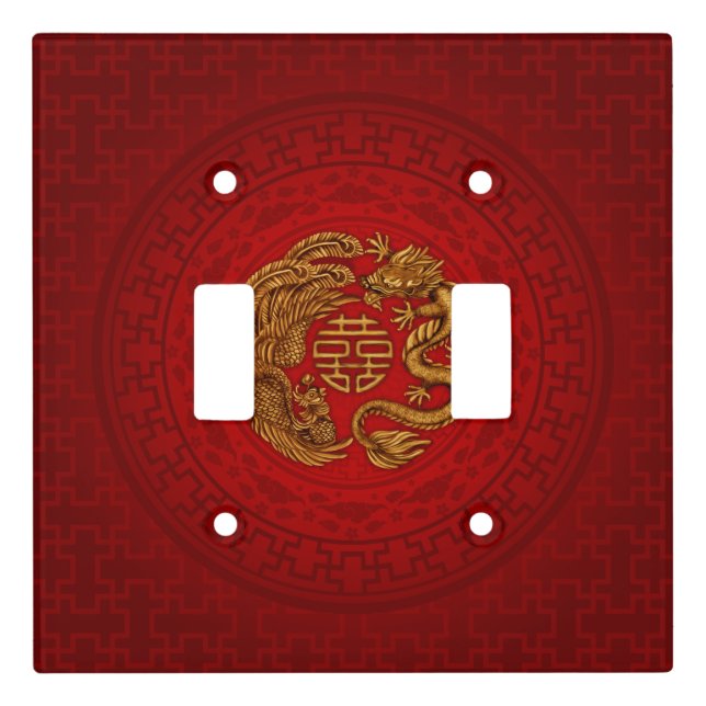 Double Happiness Symbol with Phoenix and Dragon Light Switch Cover (Front)