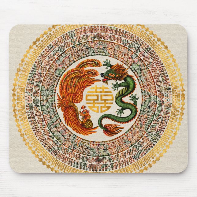 Double Happiness Symbol with Phoenix and Dragon Mouse Pad (Front)