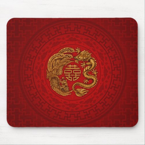Double Happiness Symbol with Phoenix and Dragon Mouse Pad