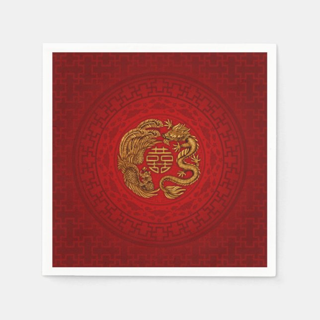 Double Happiness Symbol with Phoenix and Dragon Napkins (Front)