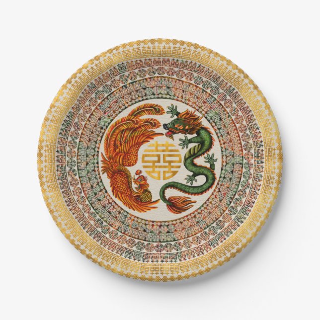 Double Happiness Symbol with Phoenix and Dragon Paper Plates (Front)