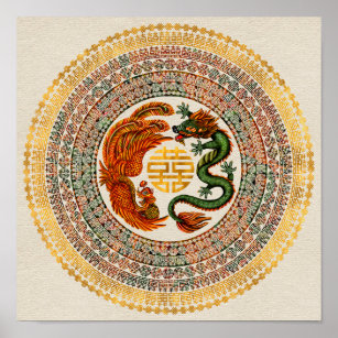 Double Happiness Symbol with Phoenix and Dragon Poster