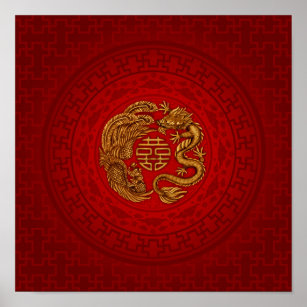 Double Happiness Symbol with Phoenix and Dragon Poster