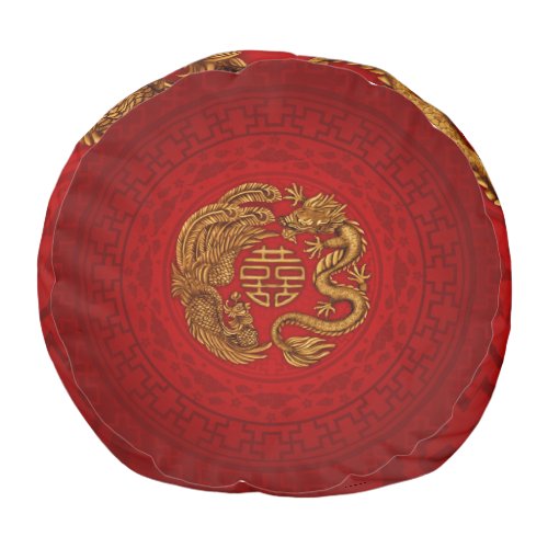 Double Happiness Symbol with Phoenix and Dragon Pouf