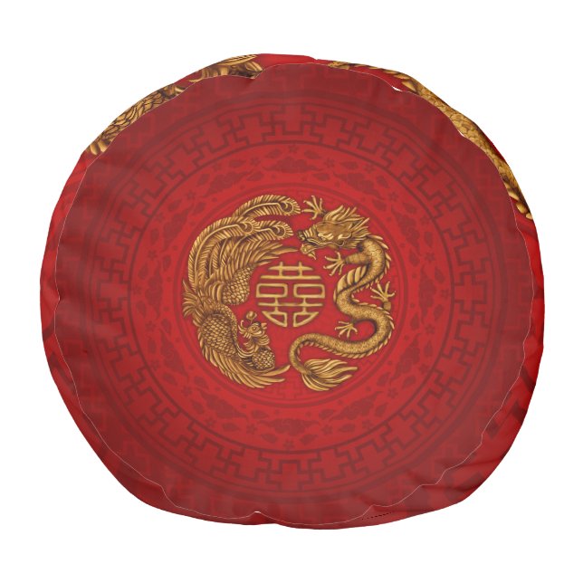 Double Happiness Symbol with Phoenix and Dragon Pouf (Bottom)