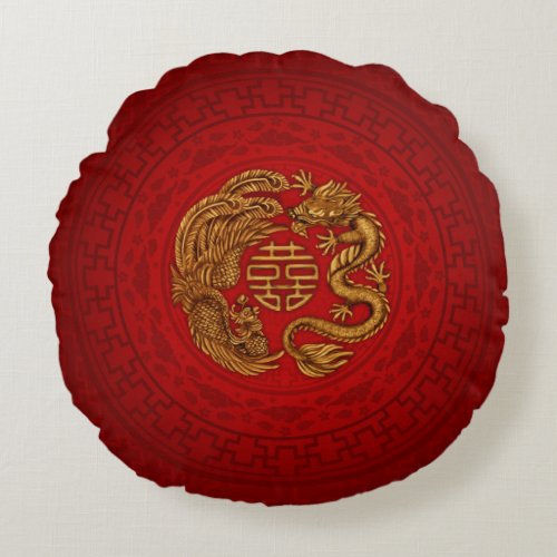 Double Happiness Symbol with Phoenix and Dragon Round Pillow