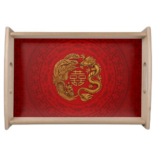 Double Happiness Symbol with Phoenix and Dragon Serving Tray