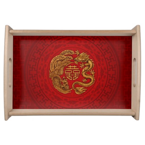 Double Happiness Symbol with Phoenix and Dragon Serving Tray
