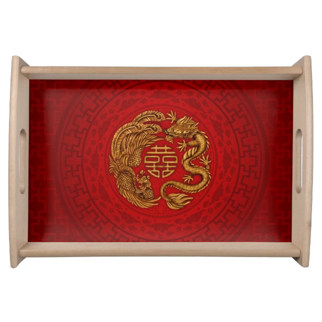 Double Happiness Symbol with Phoenix and Dragon Serving Tray (Front)