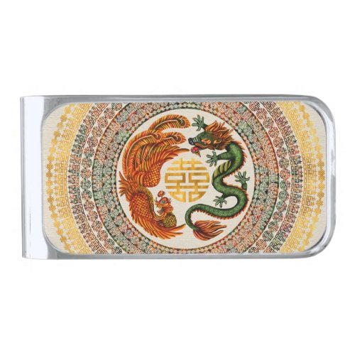 Double Happiness Symbol with Phoenix and Dragon Silver Finish Money Clip