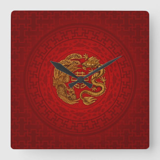 Double Happiness Symbol with Phoenix and Dragon Square Wall Clock