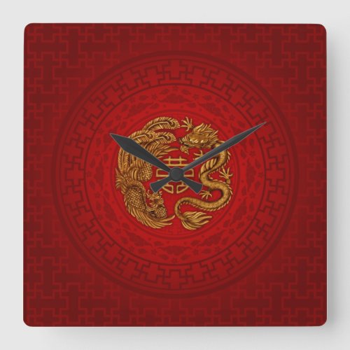 Double Happiness Symbol with Phoenix and Dragon Square Wall Clock
