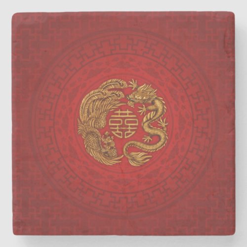 Double Happiness Symbol with Phoenix and Dragon Stone Coaster