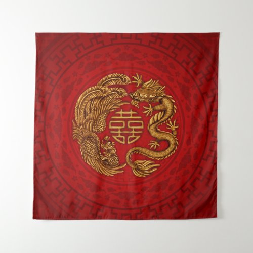 Double Happiness Symbol with Phoenix and Dragon Ta Tapestry