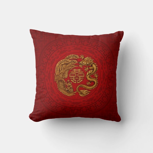 Double Happiness Symbol with Phoenix and Dragon Throw Pillow (Front)