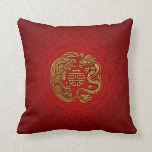 Double Happiness Symbol with Phoenix and Dragon Throw Pillow