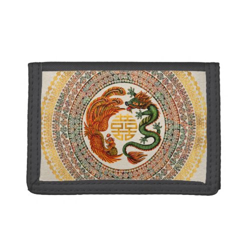 Double Happiness Symbol with Phoenix and Dragon Trifold Wallet