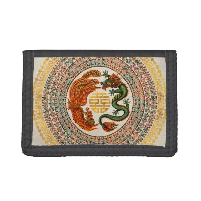 Double Happiness Symbol with Phoenix and Dragon Trifold Wallet (Front)