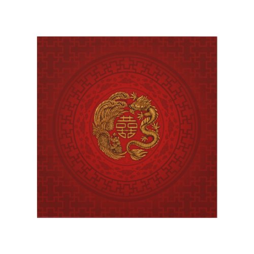 Double Happiness Symbol with Phoenix and Dragon Wood Wall Art