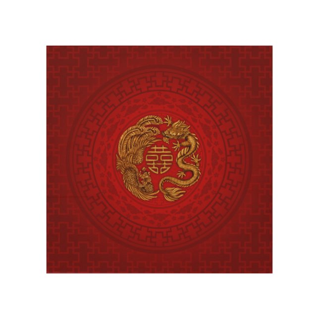 Double Happiness Symbol with Phoenix and Dragon Wood Wall Art (Front)