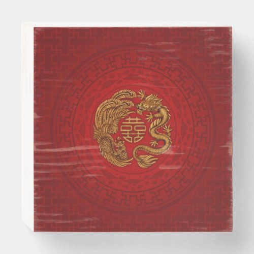 Double Happiness Symbol with Phoenix and Dragon Wooden Box Sign