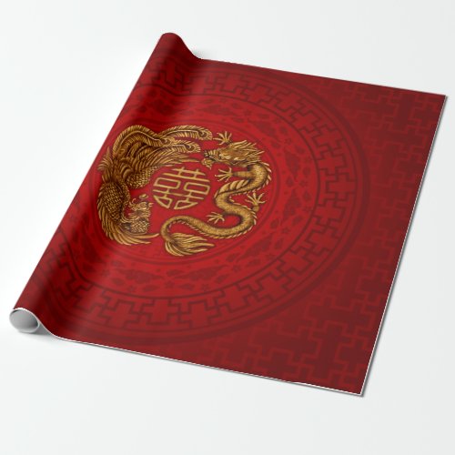Double Happiness Symbol with Phoenix and Dragon Wrapping Paper