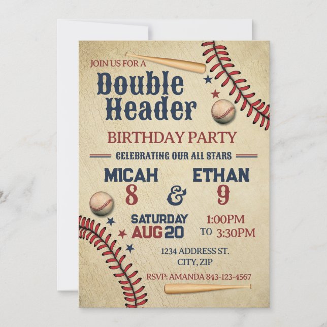Double Header Baseball birthday invitation (Front)