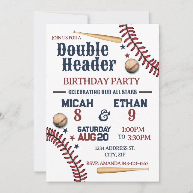 Double Header Baseball birthday invitation (Front)