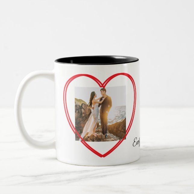 Double heart 2 custom photos and names Two-Tone coffee mug (Left)
