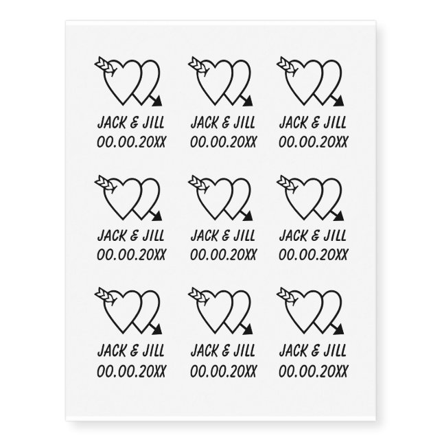 Double heart arrow custom wedding bride & groom temporary tattoos (Front)