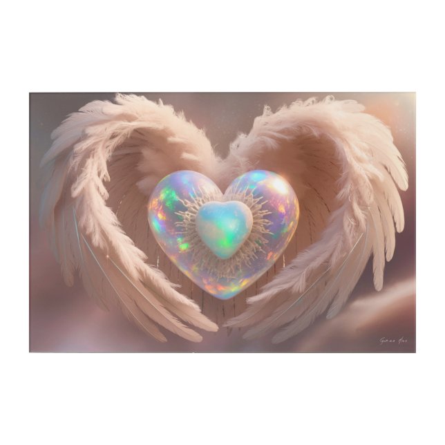 *~*  Double Heart White Angel Wings AP78 Opal  Acrylic Print (Front)