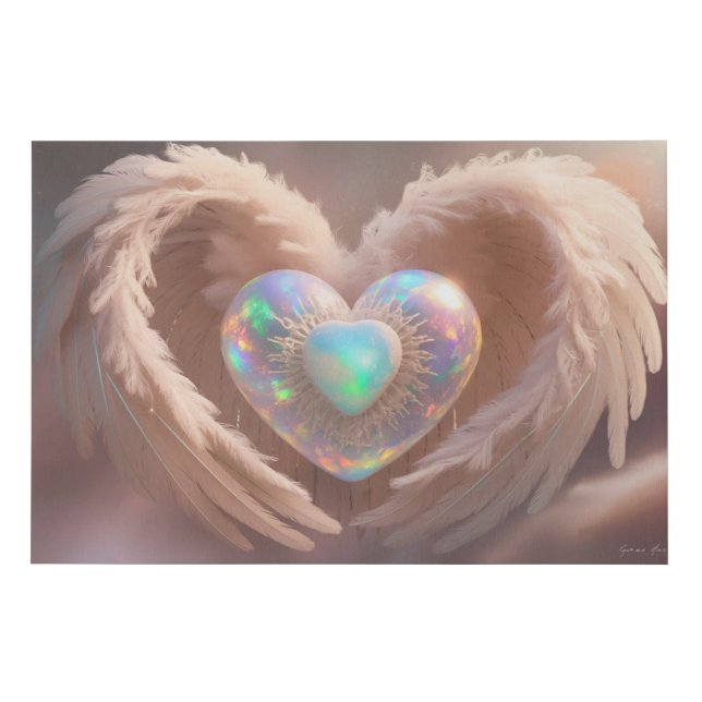 *~*  Double Heart White Angel Wings AP78 Opal  Faux Canvas Print (Front)