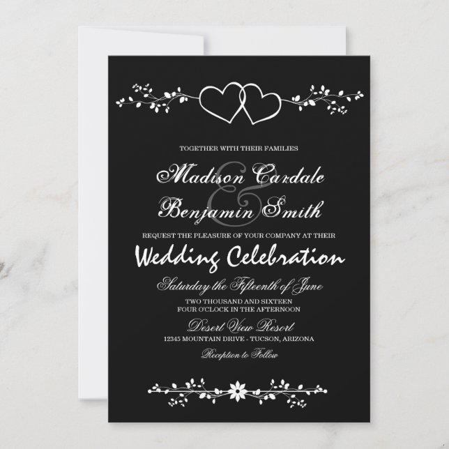 Double Hearts Black and White Wedding Invitations (Front)