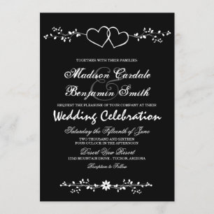 Double Hearts Black and White Wedding Invitations