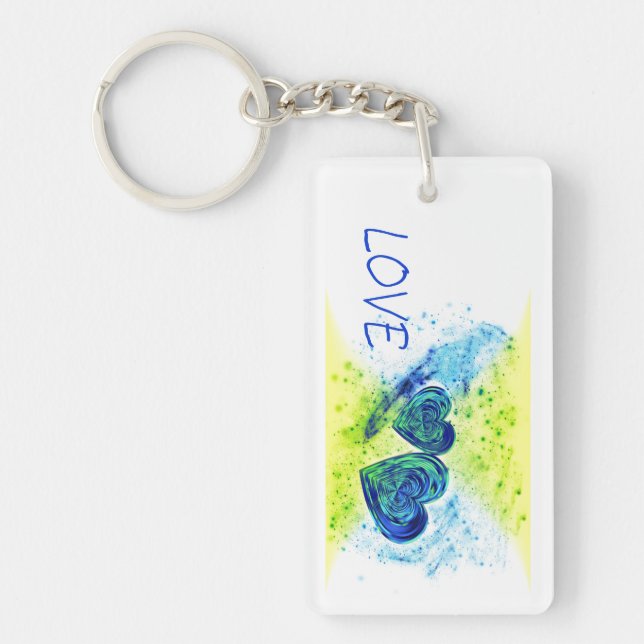 Double Hearts Blue LOVE Typography  Keychain (Front)