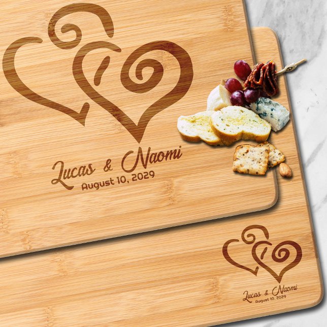 Double Hearts Bride Groom Wedding Date Engraved Cutting Board (Interlocking Hearts Engraved Cutting Board.  Great gift for weddings, housewarmings or just because.)