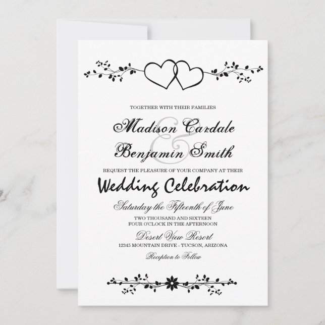 Double Hearts Floral Branches Wedding Invitations (Front)