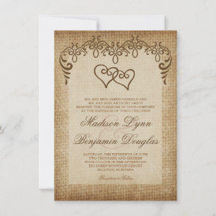 Double Hearts Rustic Burlap Wedding Invitations