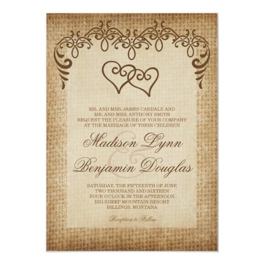 Double Hearts Rustic Burlap Wedding Invitations Zazzle Com