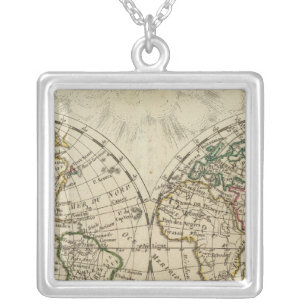 Double hemisphere map silver plated necklace