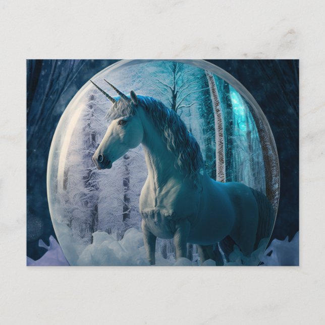 Double Horned Unicorn in a Frozen Snowglobe Postcard (Front)