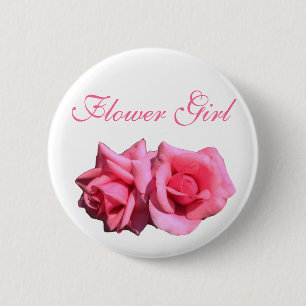 double hot pink rose flowers flower girl wedding pinback button