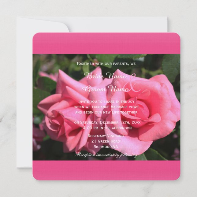 Double hot pink rose flowers wedding invitations (Front)