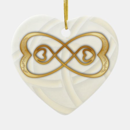 Double Infinity Gold Hearts On White Heart Ceramic Ornament